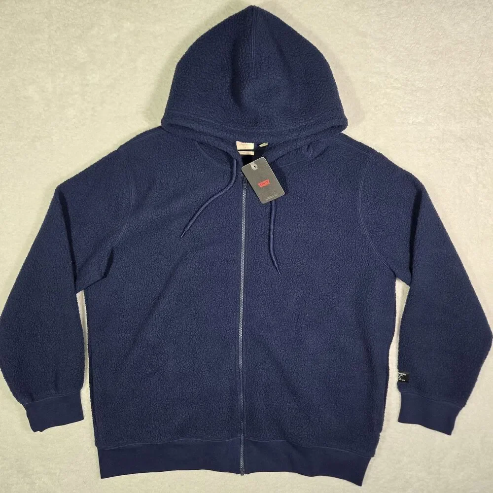Levi's Mens Large Standard Fit Sherpa Full Zip Hooded Jacket Hoodie Navy Blue L